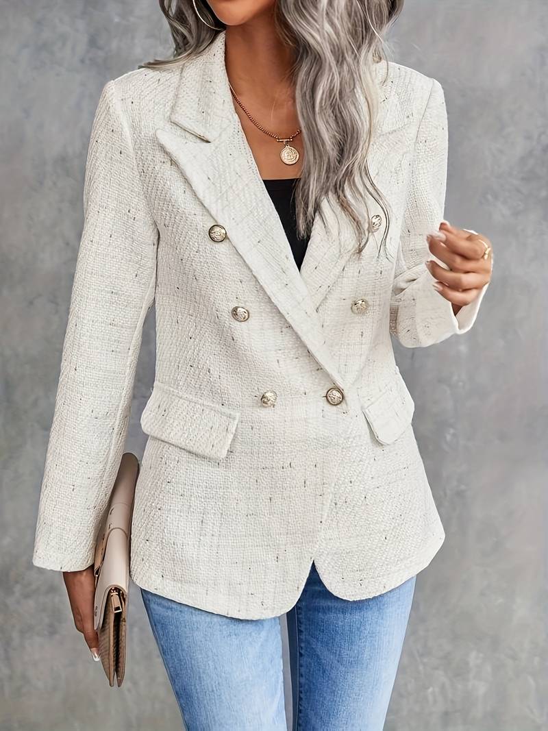 Structured white blazer with a button front, front view