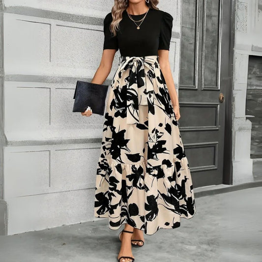 Floral tie-waist maxi dress, front view