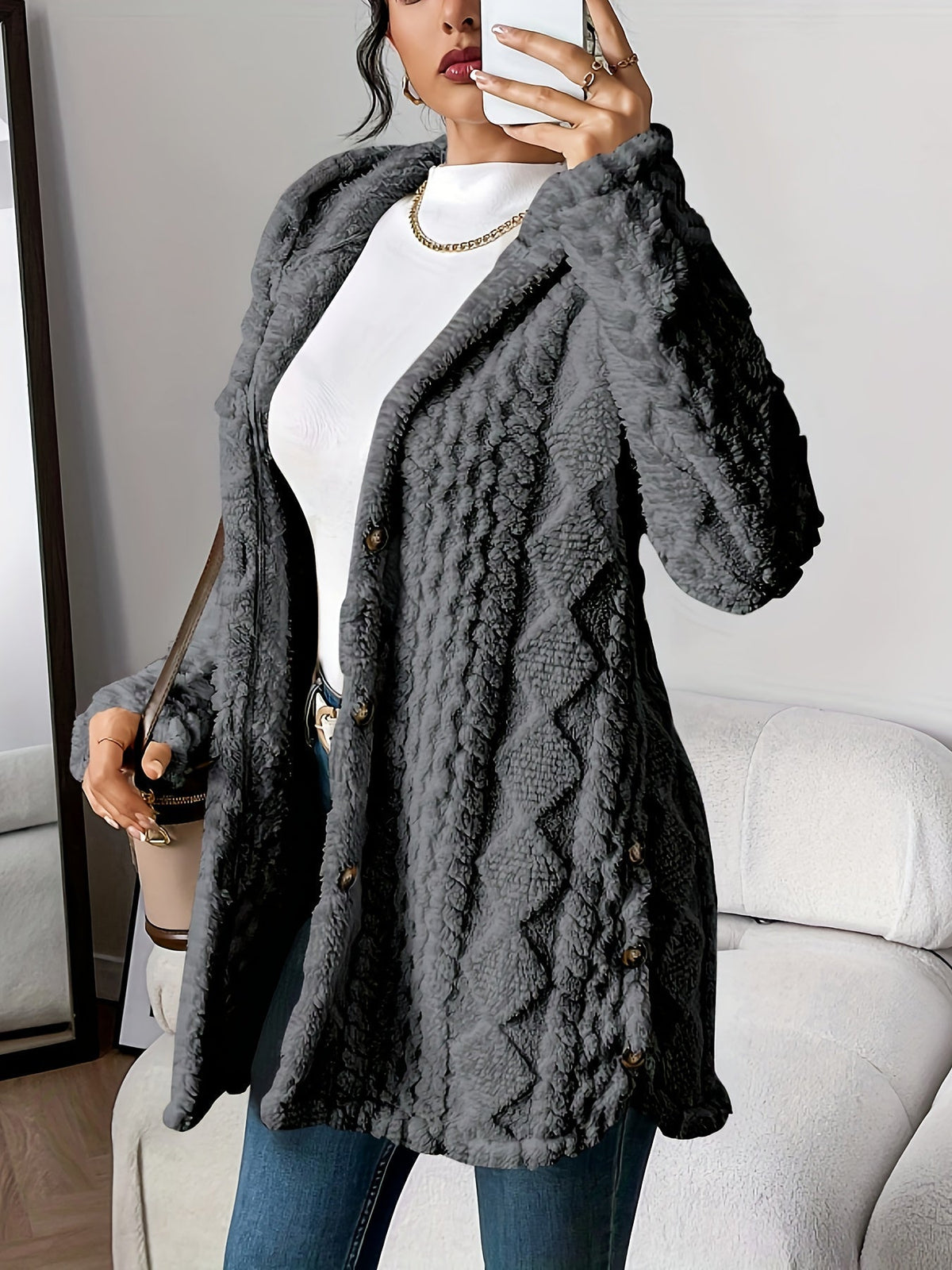 Textured coat shown in a fourth colourway