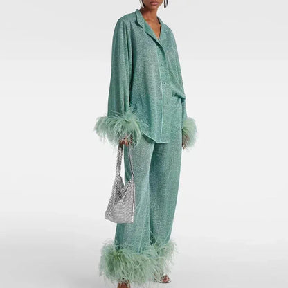 Dagny | Shimmer Feather-Trim Two-Piece Set