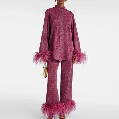 Dagny | Shimmer Feather-Trim Two-Piece Set