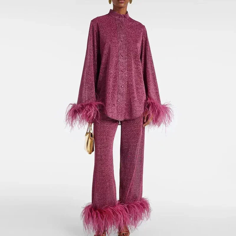 Dagny | Shimmer Feather-Trim Two-Piece Set