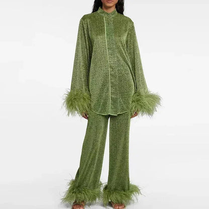 Dagny | Shimmer Feather-Trim Two-Piece Set