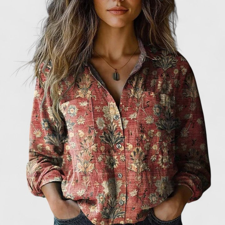 Botanical print button-down shirt, front view