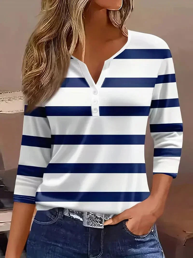 Striped V-neck top shown in a second colourway