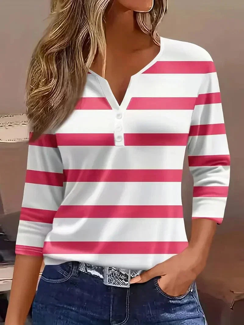Striped V-neck top shown across the colour range