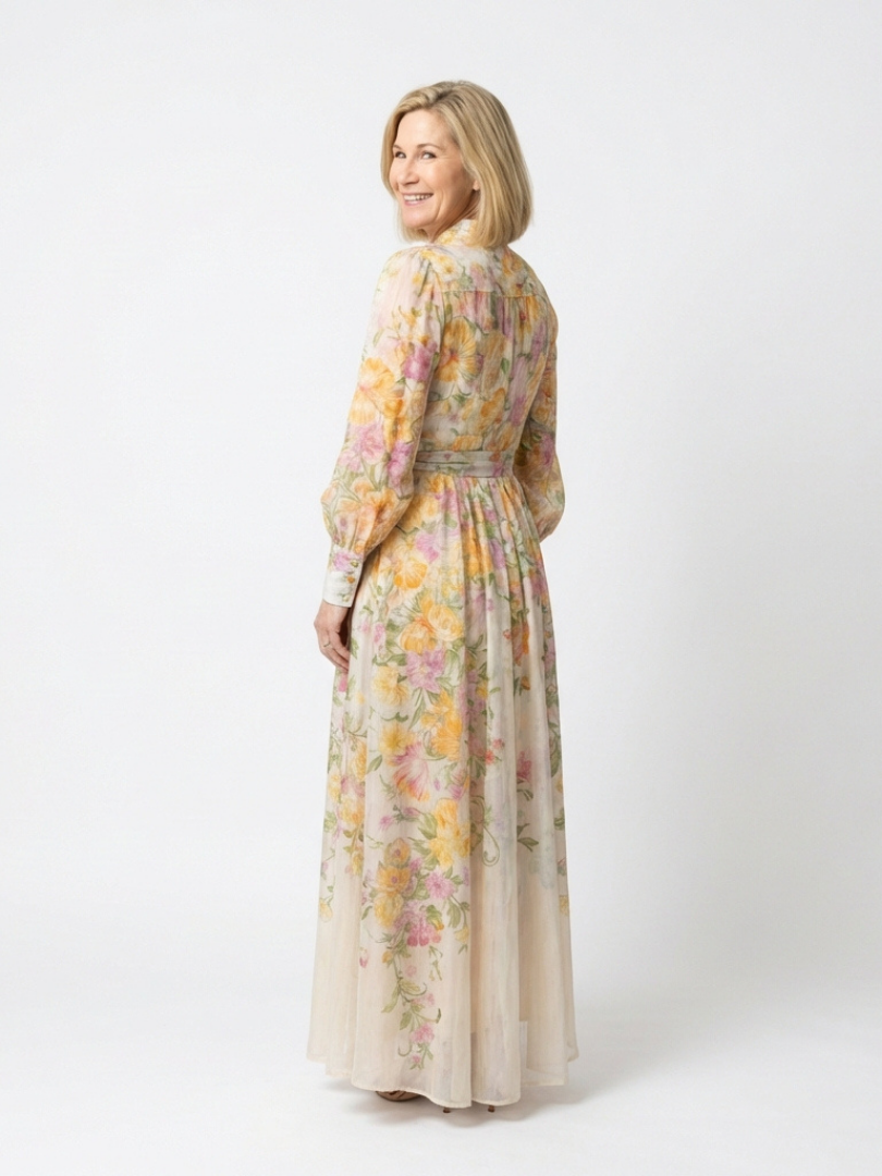Botanical print maxi dress shown from the side