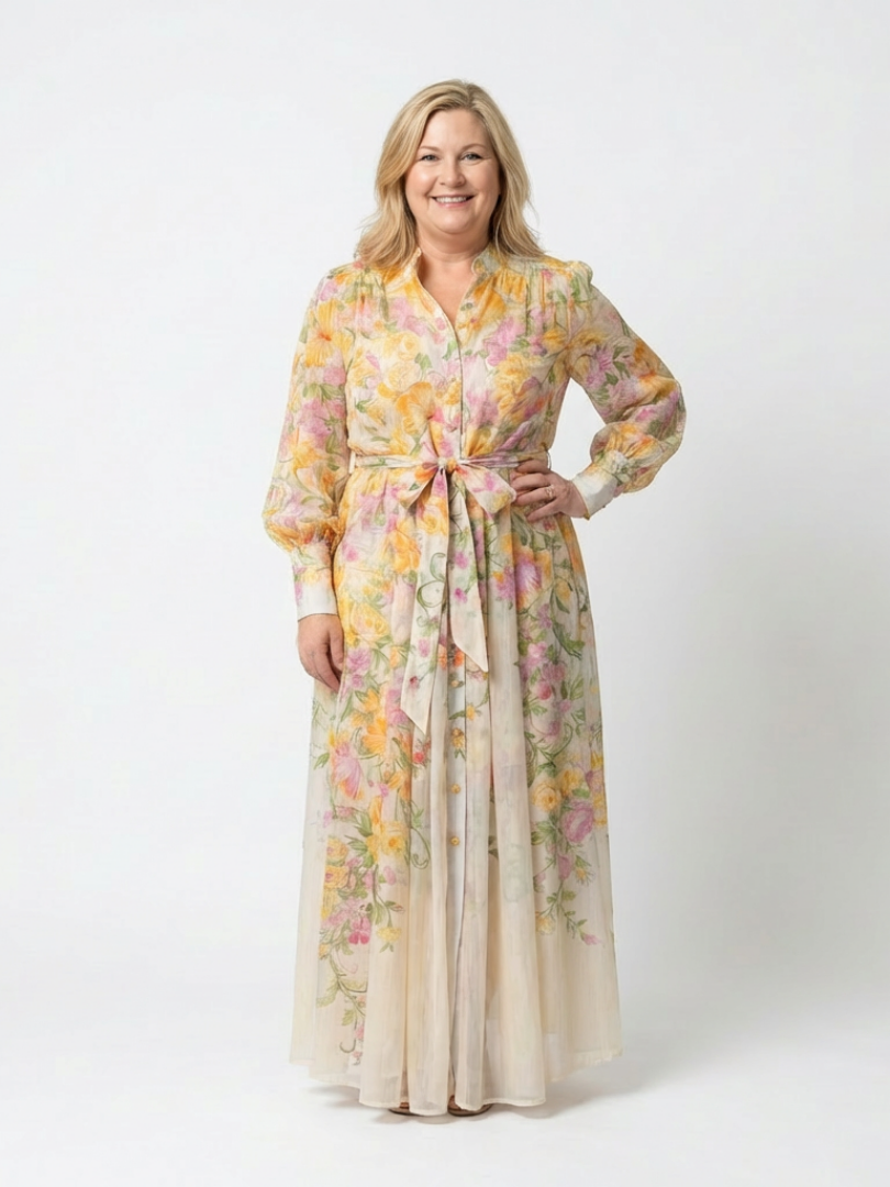 Botanical print dress showing the sleeve to the wrist