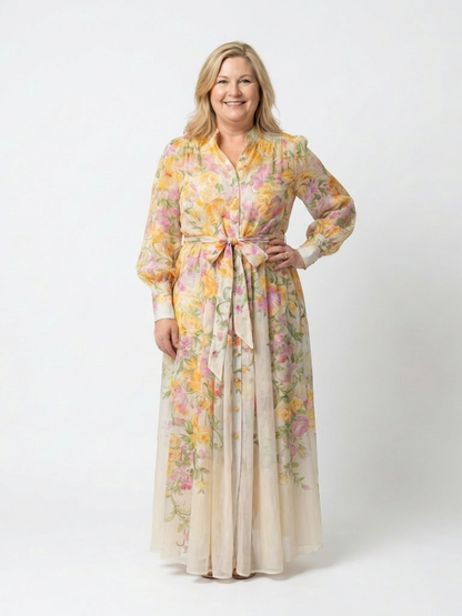 Botanical print dress showing the sleeve to the wrist