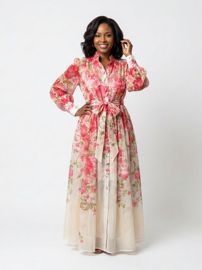 Floral maxi dress photographed at an angle