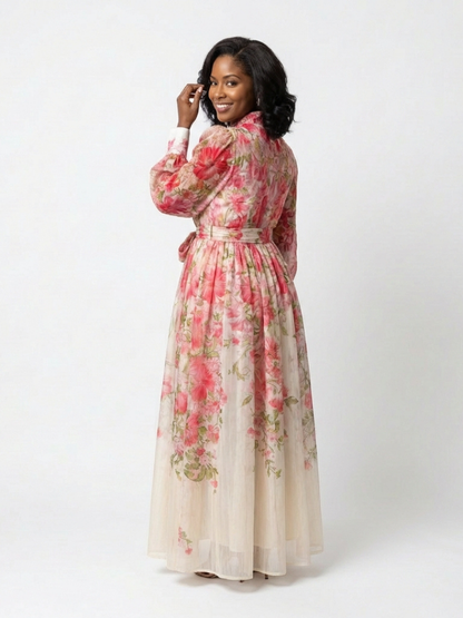 Botanical print maxi dress seen from the back