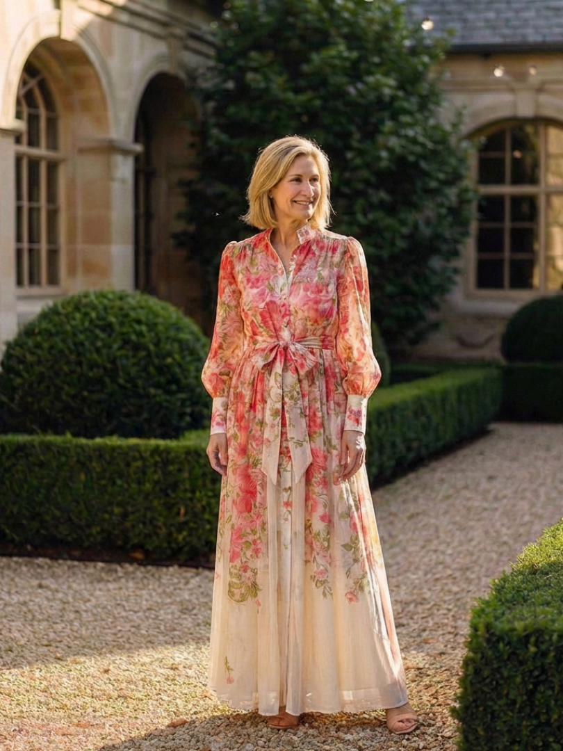 Close view of the botanical print on a maxi dress