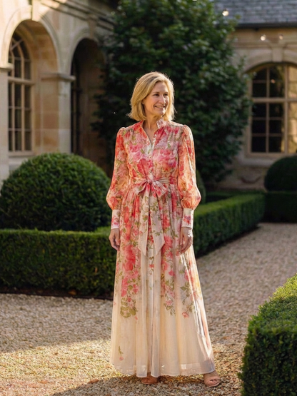 Close view of the botanical print on a maxi dress