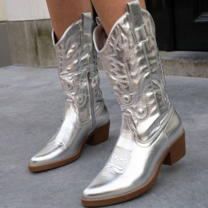 Metallic cowboy boots shown across the colour range
