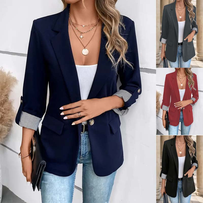Open-front blazer with a notch lapel and striped cuffs, front view