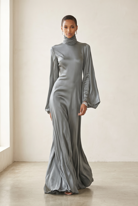 High-neck loose satin maxi dress, front view