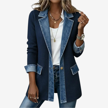 Layered-collar knit jacket shown at full length
