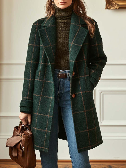 Retro plaid tweed coat, front view