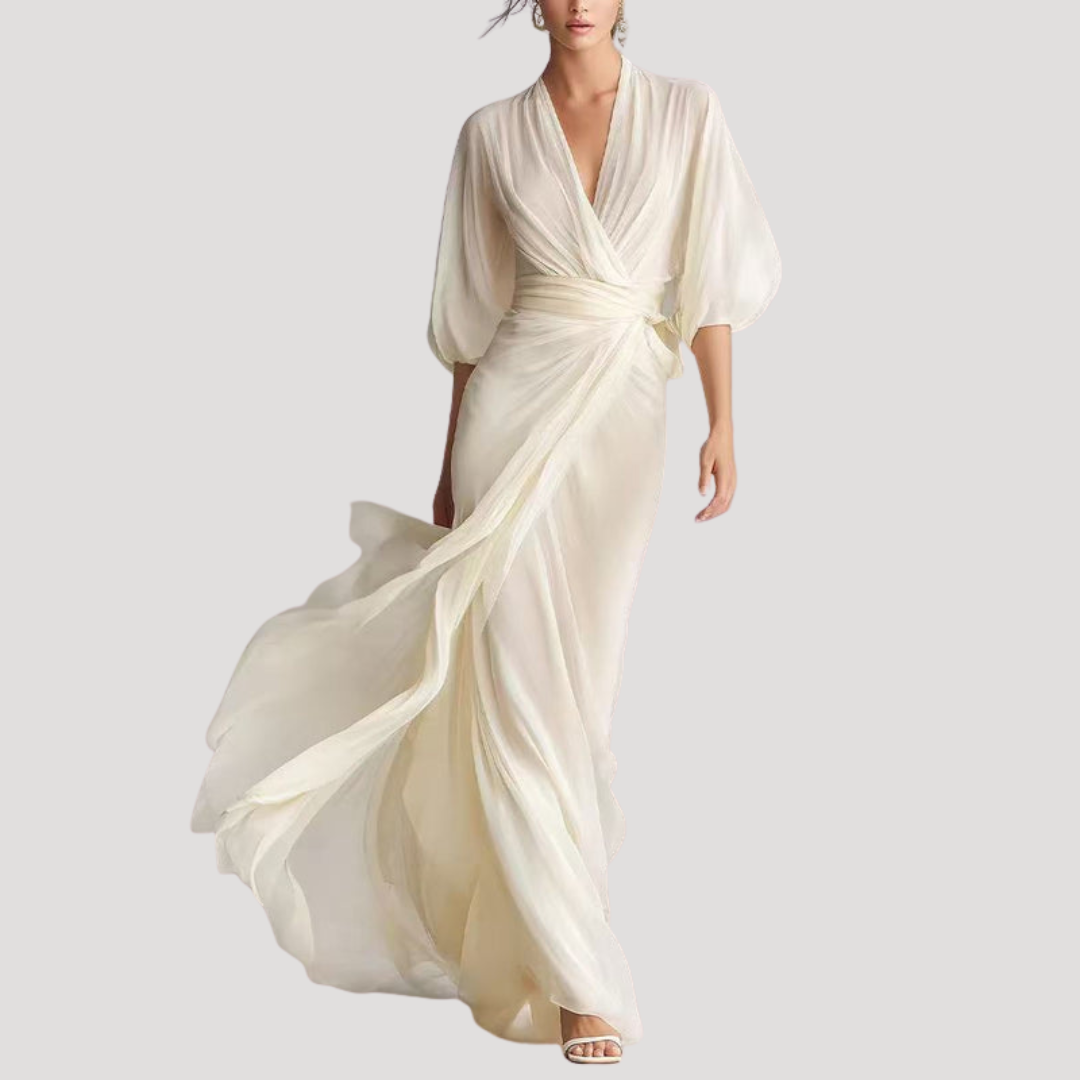 Wrap balloon-sleeve maxi dress, front view