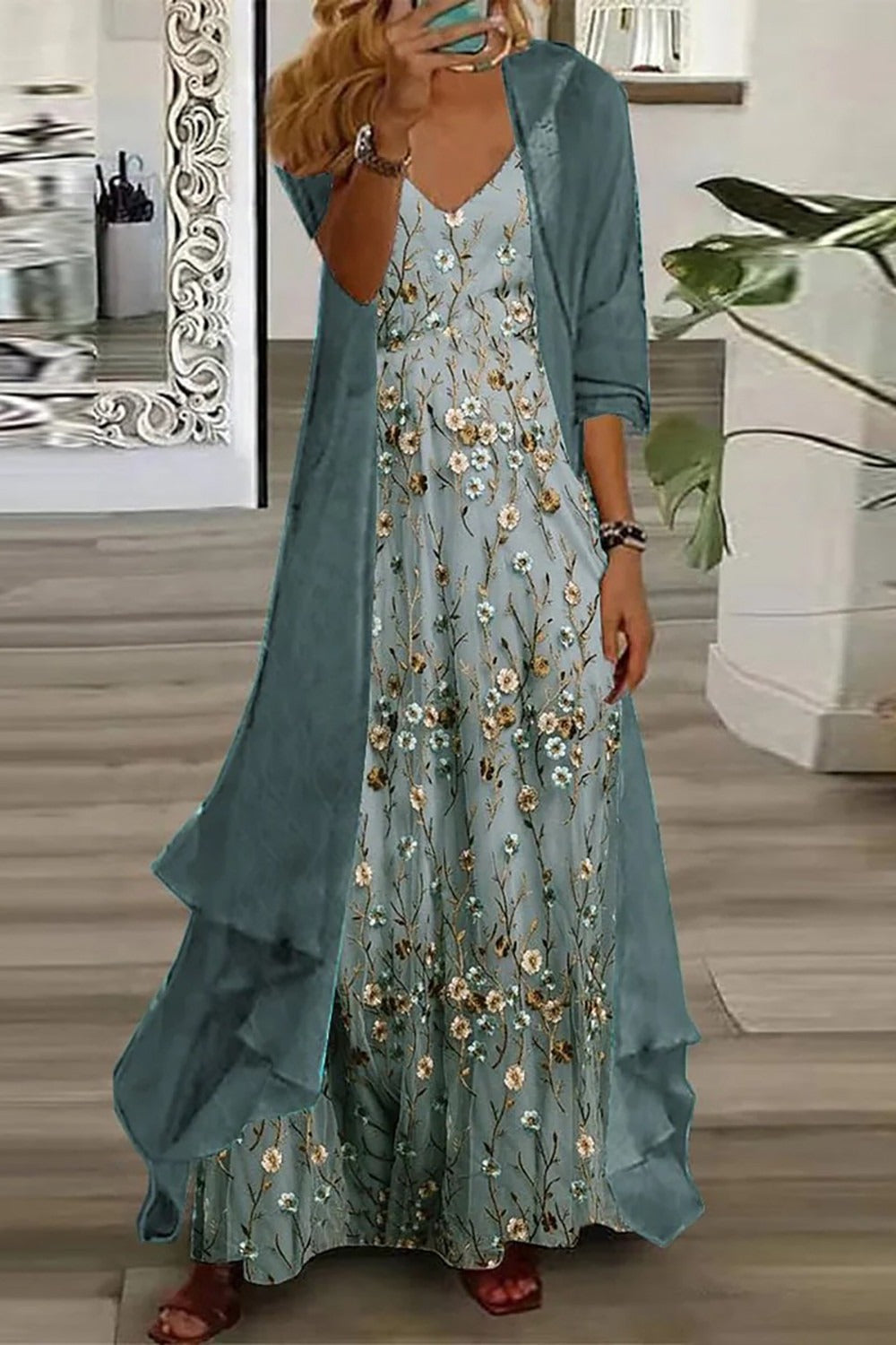 Floral maxi dress and cardigan set, front view