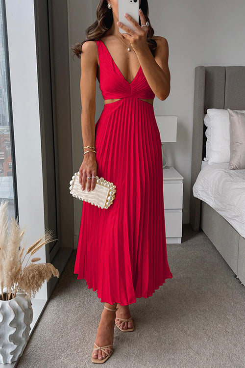 Pleated maxi dress showing the draped V-neckline