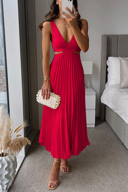 Pleated maxi dress showing the draped V-neckline