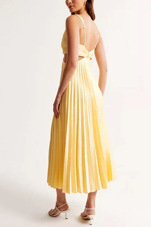 Pleated V-neck maxi dress shown standing