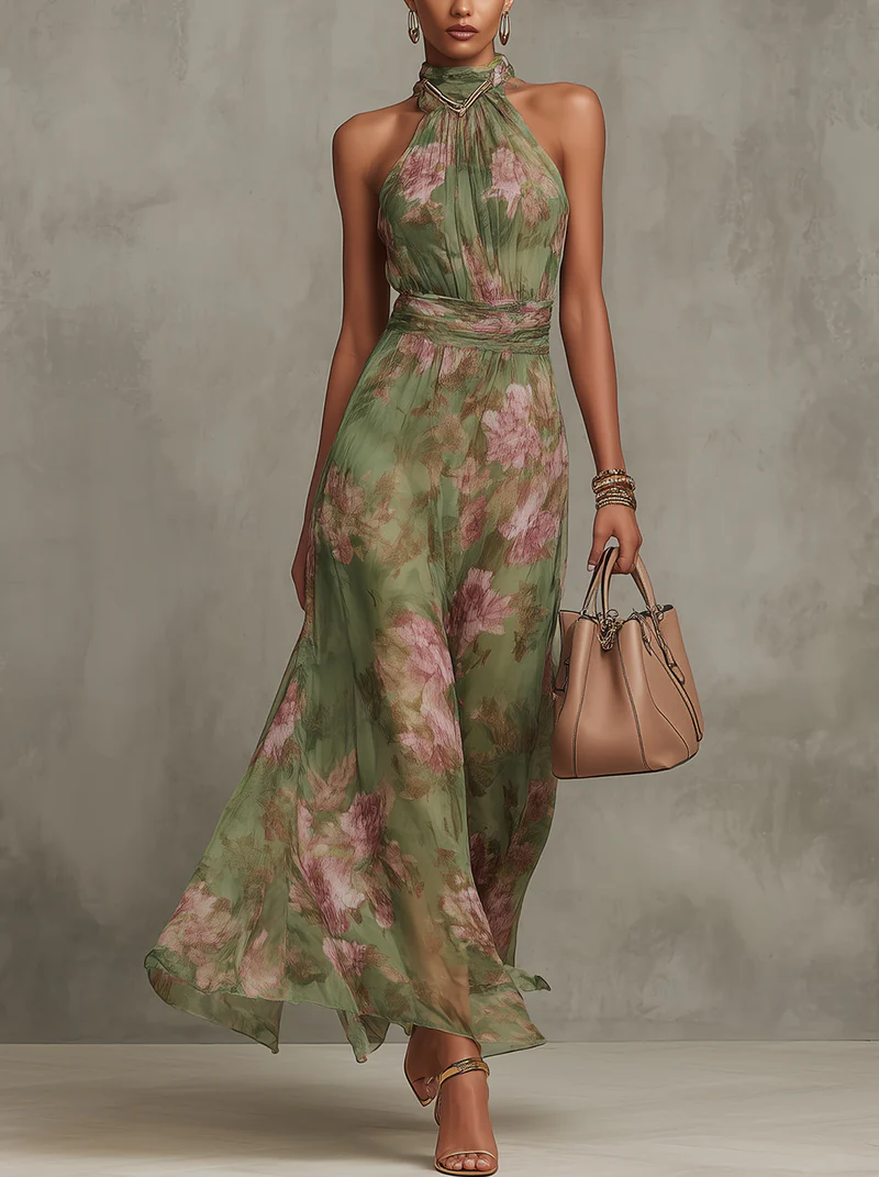 Green floral halter-neck maxi dress with a sheer overlay, front view