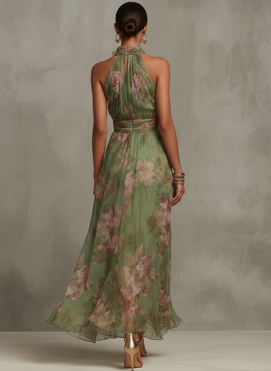 Floral maxi dress showing the halter neckline and waistband