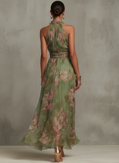 Floral maxi dress showing the halter neckline and waistband