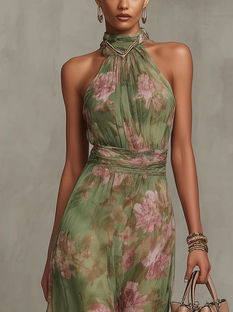 Green floral maxi dress shown from the side