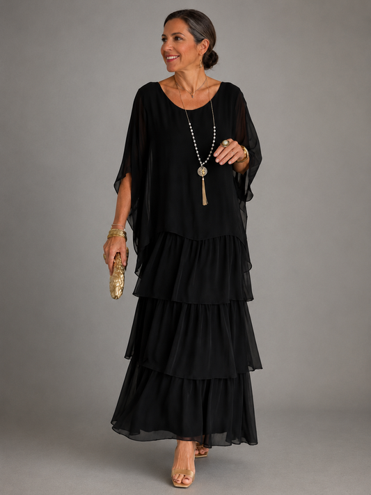 Layered flowing maxi dress, front view