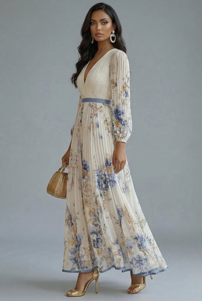 Floral maxi dress showing the pleated skirt