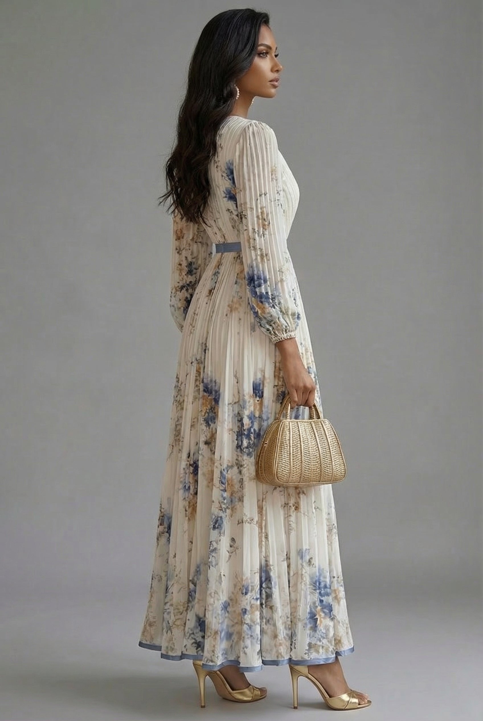 Long-sleeve floral dress shown from the side