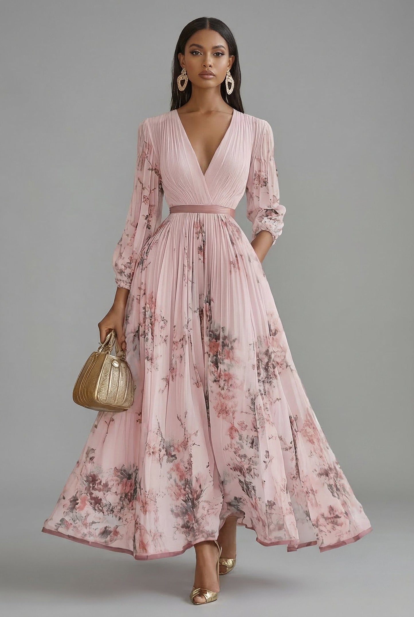 Close view of the pleating on a floral maxi dress