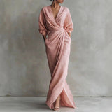 Deep V-neck wrap maxi dress with long sleeves, front view