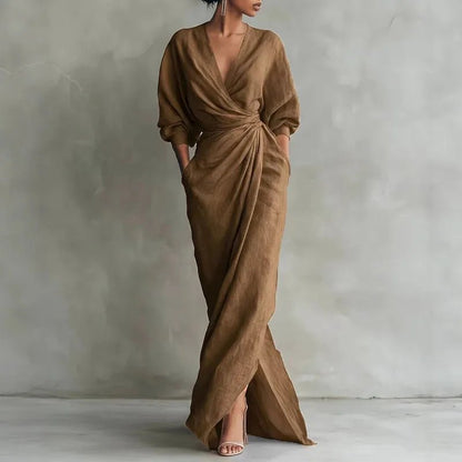 Long-sleeve wrap maxi dress shown from the side