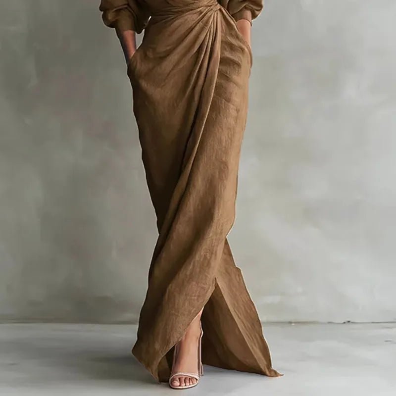 Wrap dress showing the deep V-neckline detail