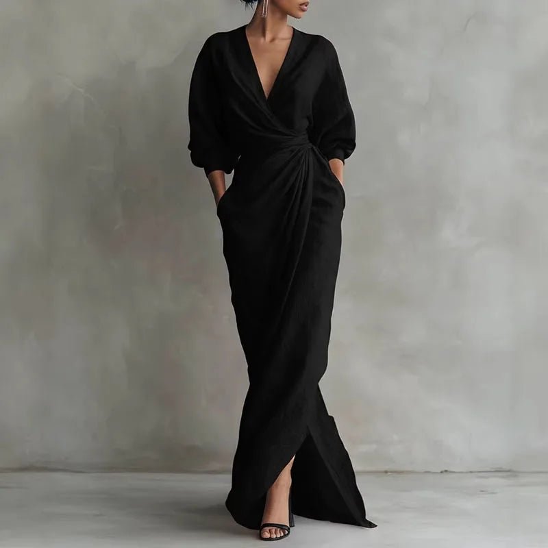 Full-length wrap maxi dress seen from the back