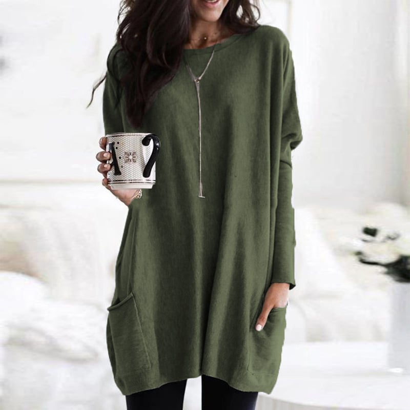 Relaxed round-neck sweater dress, front view