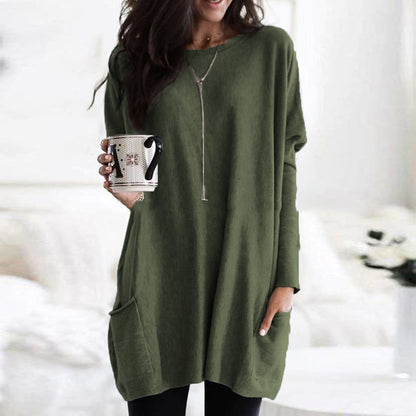 Relaxed round-neck sweater dress, front view