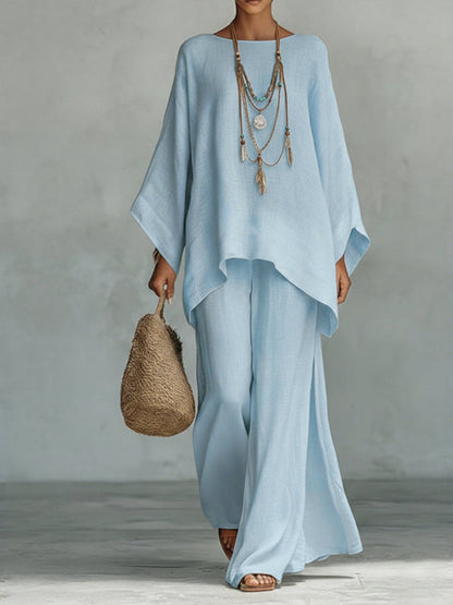 Two-piece set showing the top and wide-leg trousers