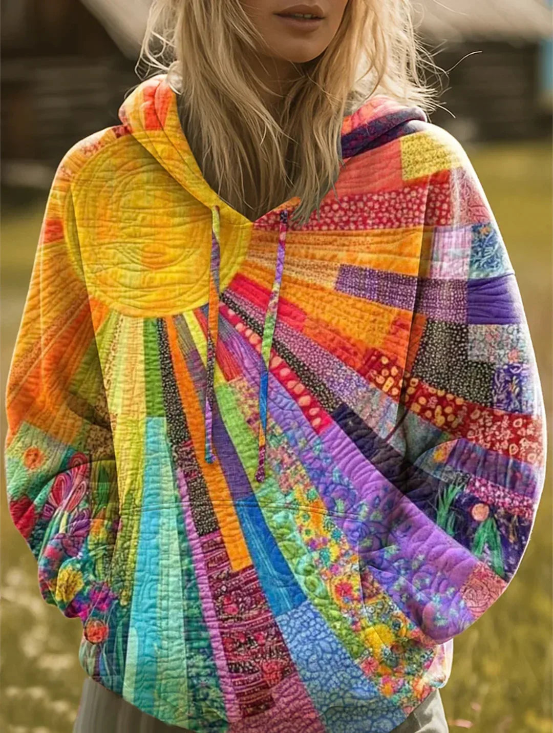 Patchwork print hoodie with a relaxed cut, front view