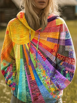 Patchwork print hoodie with a relaxed cut, front view