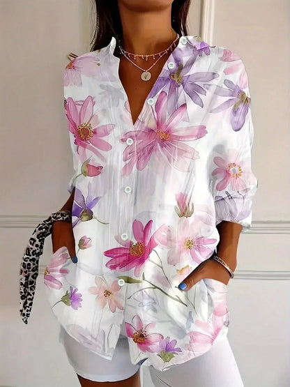 Floral blouse showing the print and button front