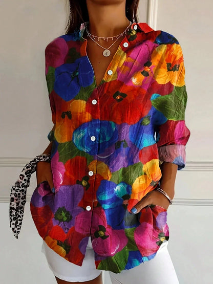 Floral button-down blouse shown across the colour range