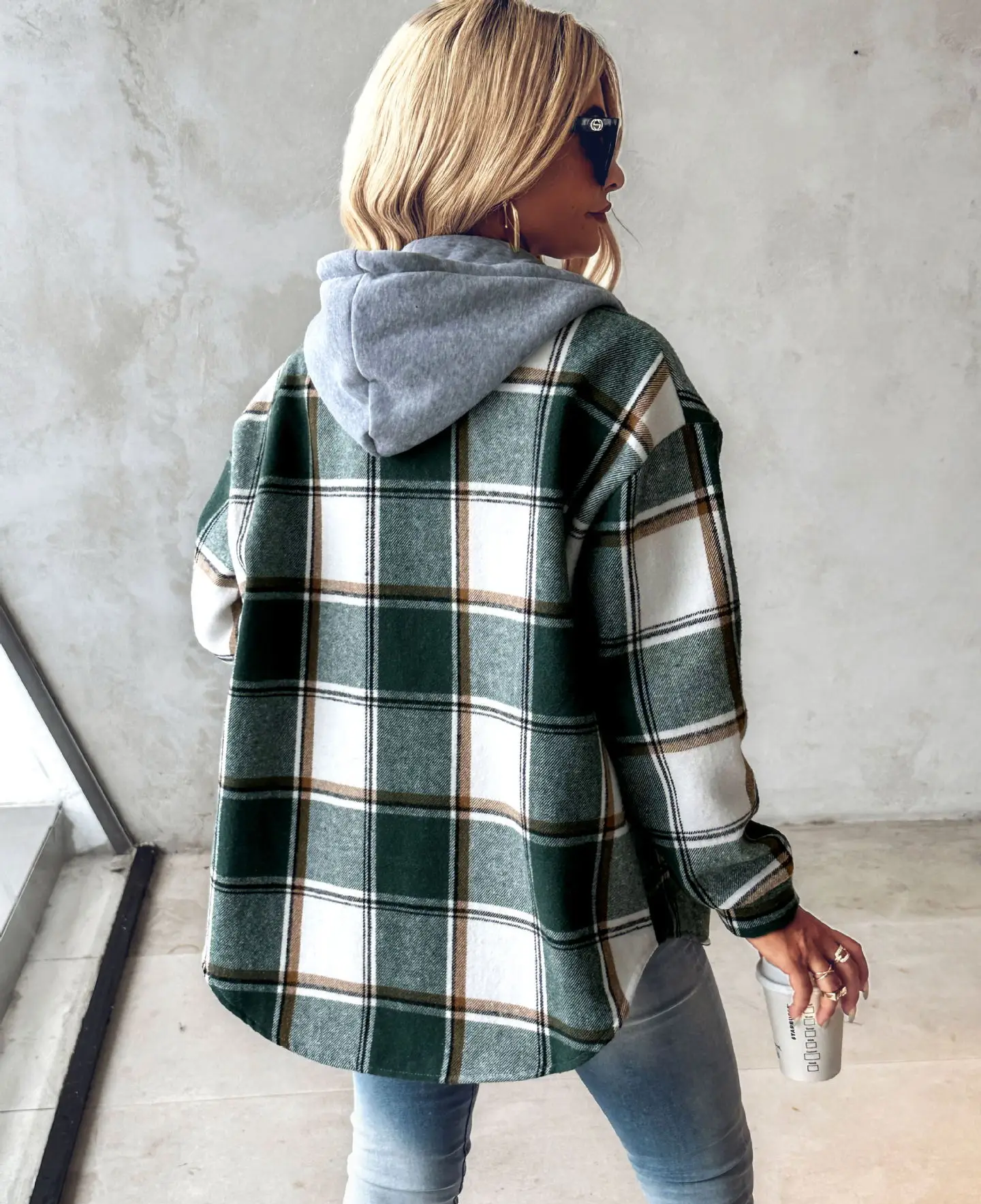 Checked lined cardigan shown at full length