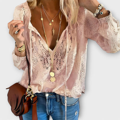 Boho blouse showing the gathered cuff and texture