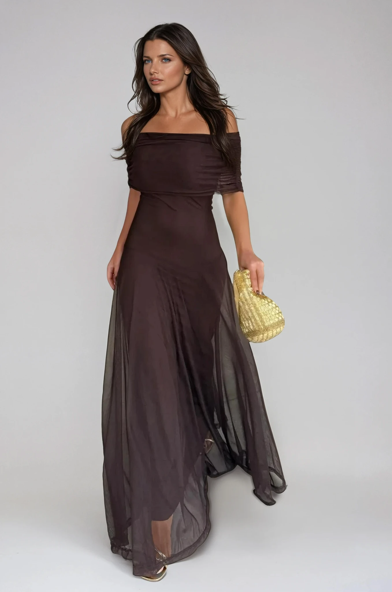 Brown one-shoulder maxi dress with a mesh overlay, front view