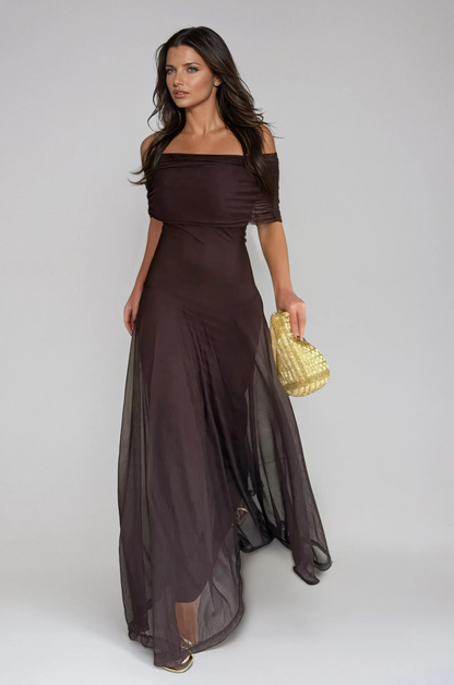 Brown one-shoulder maxi dress with a mesh overlay, front view